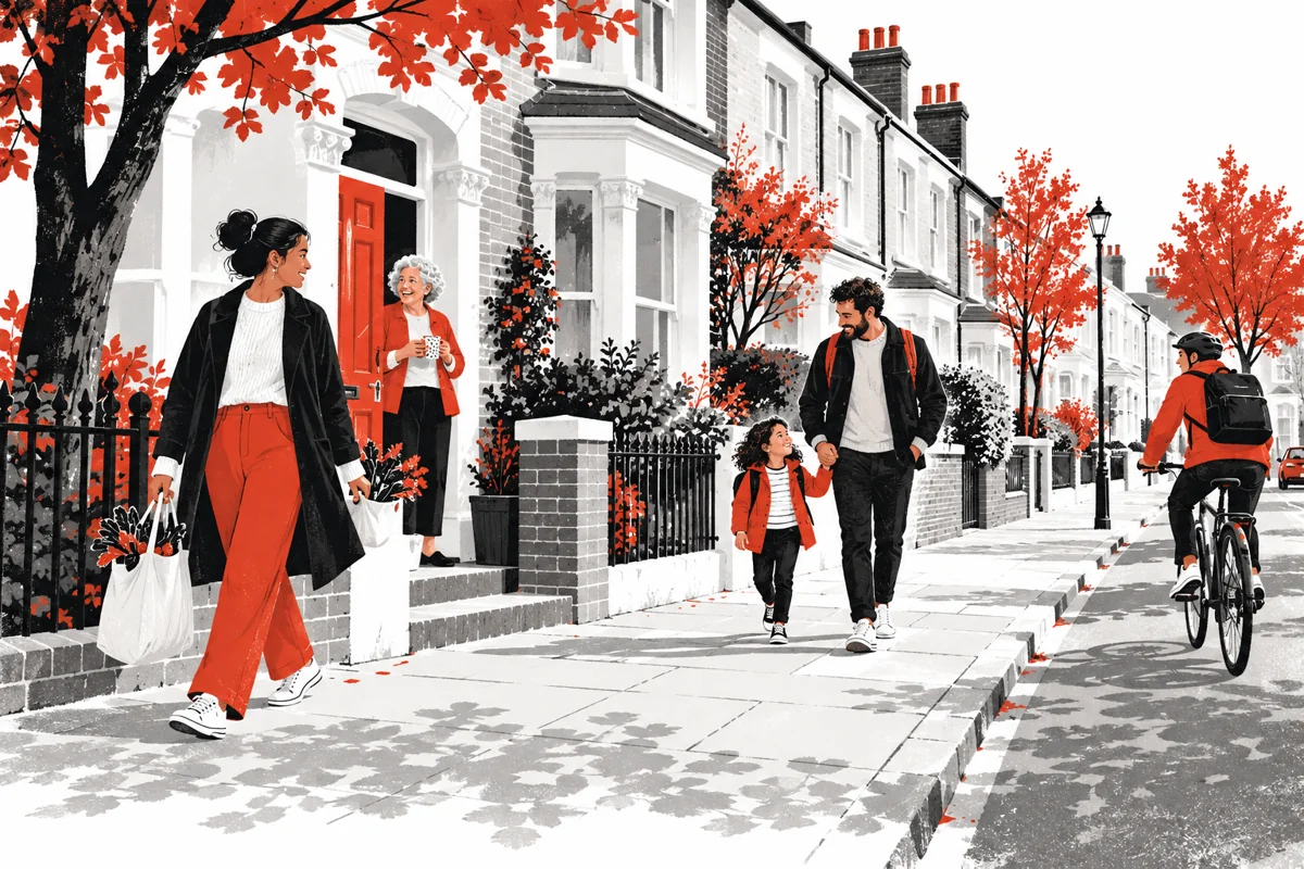 Editorial illustration of neighbours, a family and a cyclist on a British street